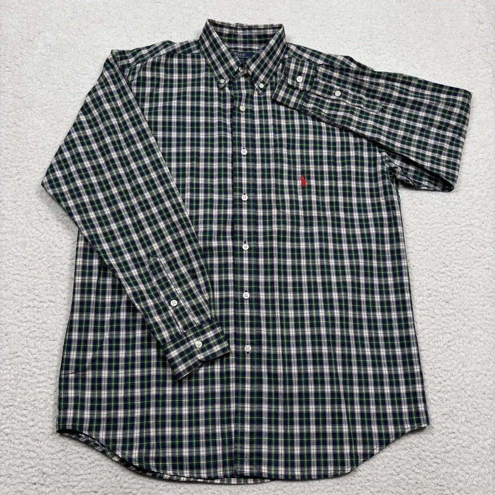 Polo Ralph Lauren Button Down‎ Shirt Mens XL (FITS M) Navy Blue Green Plaid Pony